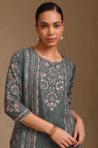 Olive Rayon Botanical Printed Kurta With Mirror Work