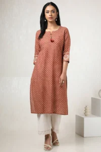 Rust Cotton Geometric Print Kurta With Tassels