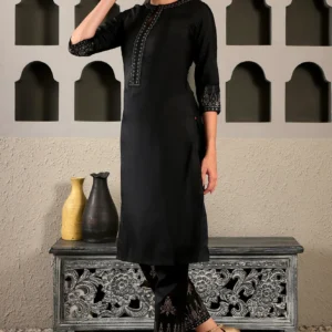 Black Embellished Keyhole Neck Straight Silk Kurta and Pants Set