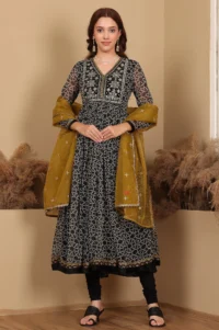 Black Printed Gathered Chiffon Kurta With Embroidery, Churidar And Dupatta Set